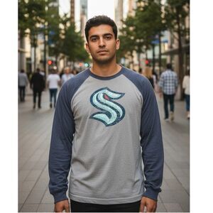 KRACKEN SEATTLE NHL Men's New Long Sleeve Gray & Blue Tee - Size: XL SCORE BIG!!
